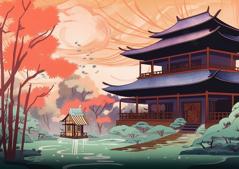 中国风国潮新中式秋季时节古风建筑树木和平静的湖水室外无人的场景背景插画,插画/手绘图,插画/手绘图库,插画/手绘图下载,插画/手绘